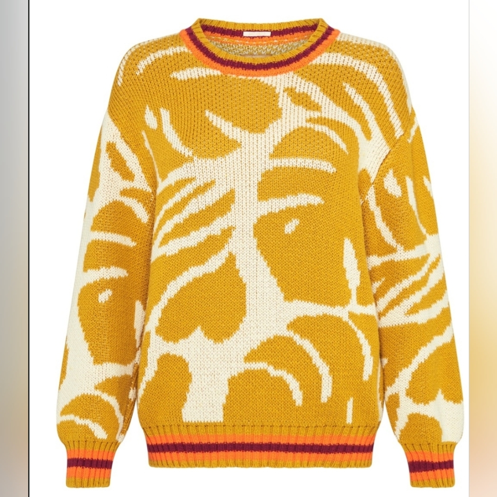 MOTHER The Jumper Wild Palms Sweater In Mustard/Cream w/Burgundy& Orange Accent